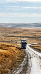 A truck is driving down a dirt road in a dry, barren landscape