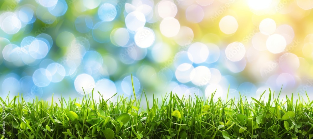 Poster spring meadow blur defocused bokeh in sunny field with gradient from blue sky to green grass