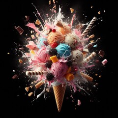 Ice cream explosion isolated on a black background