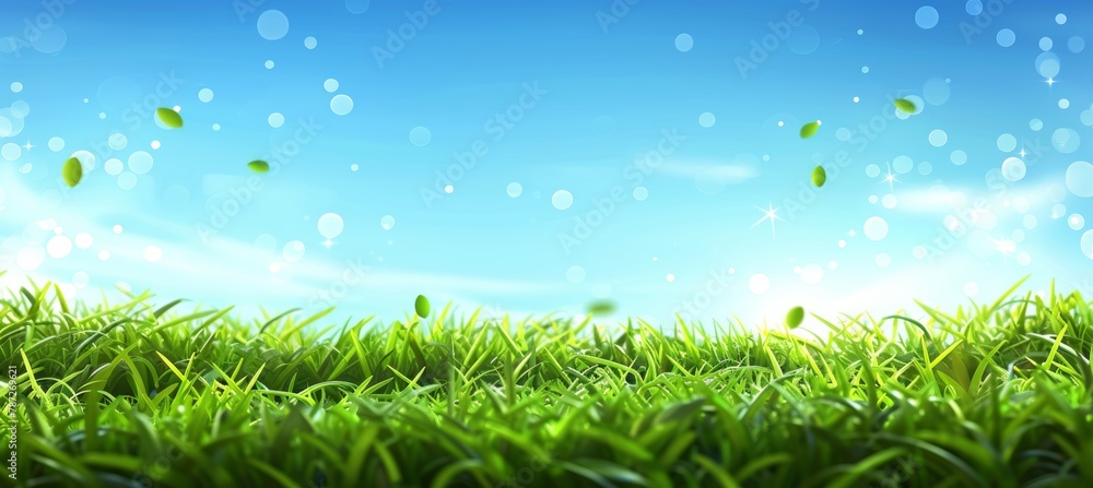 Poster blurred spring meadow with sunny sky gradient and defocused bokeh for serene background