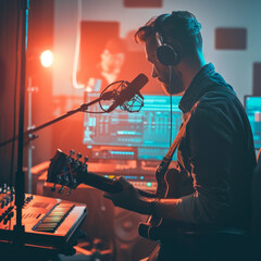A man is playing a guitar in a studio with a microphone - obrazy, fototapety, plakaty