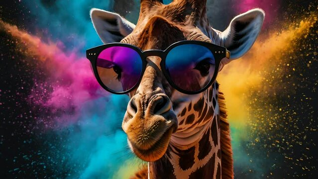 adorable giraffe wear sunglasses with color powder explosion background, Seamless Animation Video Background in 4K Resolution