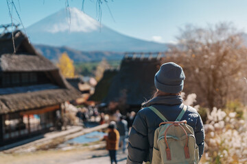 Woman tourist with mount Fuji at Saiko Iyashino Sato Nenba in Autumn season, happy Traveler travel...
