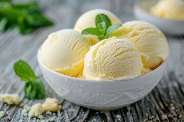food photography of yellow ice cream in a white bowl with mint leaves on a light wooden table, shown from the side in a closeup view.