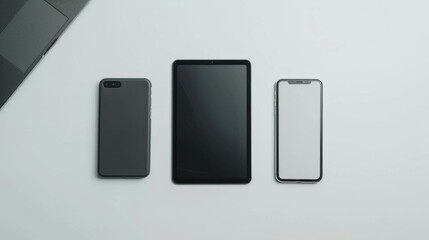 Three cell phones and a tablet are lined up on a white surface
