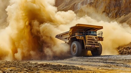 Yellow Mining Truck in Action: High-Speed Haul Down a Gravel Path