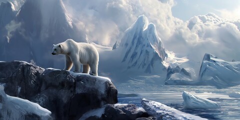 Striking scene of a solitary polar bear against a backdrop of dramatic snow-covered mountains, highlighting the stark beauty of Arctic wildlife - obrazy, fototapety, plakaty