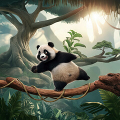A panda cub, radiating happiness, performs an impressive balancing act on a thin branch within a...