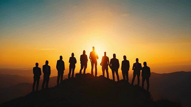 Silhouette of business team stand and feel happy on the most hight at stand on sunset, success, leader, teamwork, target, Aim, confident, achievement, goal, on plan, finish