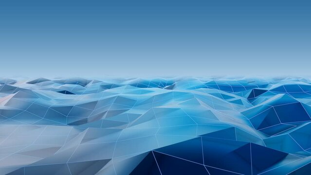 3D animation of a network connection structure symbolizing the sea. 3D wireframe. Big data technology. Blue Background.