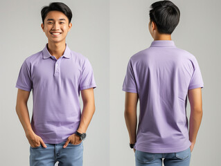 a man wearing a purple polo shirt front and back view