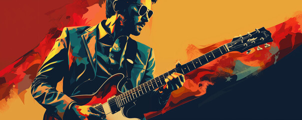 Guitarist in concert on dark background, cool music man, poster or wallpaper, generated ai