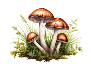  Wild mushrooms isolated on white background, beautiful wild fungus with grass, ferns and moss, illustration generated ai
