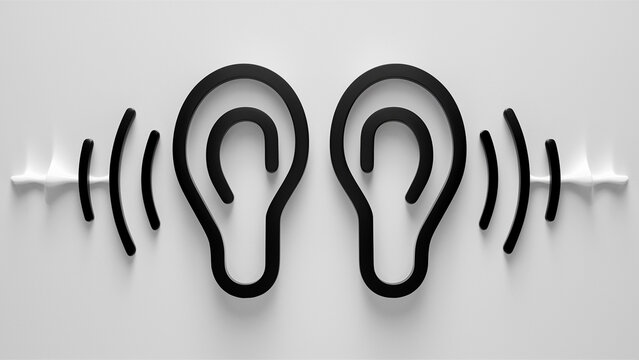 A graphic design portraying two stylized human ears depicted in black against a grey backdrop. Both ears are placed side by side with white sound waves radiating from each, indicating they're eit...