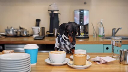 Dog sits at table and studies different types of coffee. Dachshund sits quietly in kitchen and looks attentively at flavoured coffee in cups