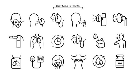 Nebulizer signs collection. Editable stroke. Medical equipment for inhalation in the diseases, asthma, bronchitis. Vector set of nebulizers of different types. Vector illustration. Healthcare symbol