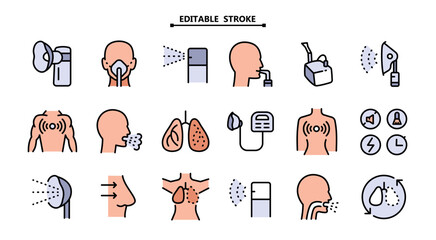 Nebulizer signs collection. Editable stroke. Medical equipment for inhalation in the diseases, asthma, bronchitis. Vector set of nebulizers of different types. Vector illustration. Healthcare symbol