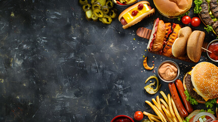 Summer BBQ food corner border with hot dog and hamburger buffet Top down view over a dark slate...