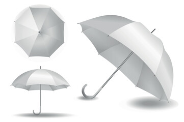 A collection of umbrellas mockups in realistic 3d design. Black and white image with a light umbrella from different angles, which is a blank for prints, on a white background. Vector illustration. © DesignSells