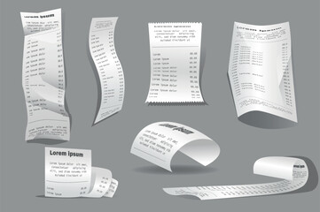 Naklejka premium A collection of check mockups in realistic 3d design. Black and white image with different checks, folded, twisted, crumpled, short and long on a gray background. Vector illustration.