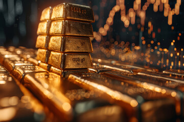 Stacks of gold bars gleam against a backdrop of glowing financial market charts, symbolizing wealth and investment stability.