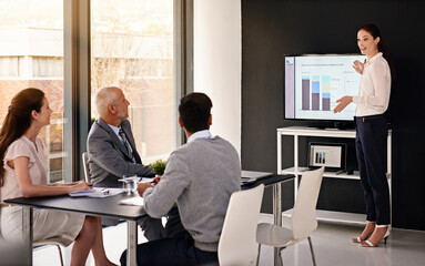 Business people, woman and talking in presentation for data analytics with graph and financial growth of company. Collaboration, team and happy in meeting with stats report and feedback on charts