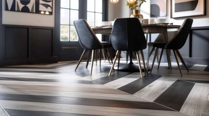 A modern dining room showcasing the versatility of LVT with a mix of black and white geometric tiles and a woodlook plank in a herringbone pattern. The bold contrast of colors and .