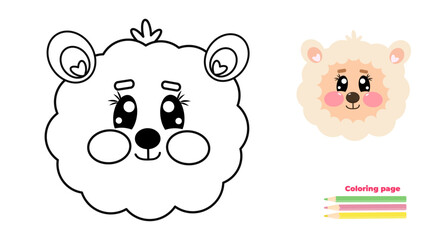 Cute outline kawaii sheep, alpaca, lamb, ewe of face, head. Coloring page illustration for baby, kids. Sheep animal in line drawing. For printable children's and adults coloring page or book	