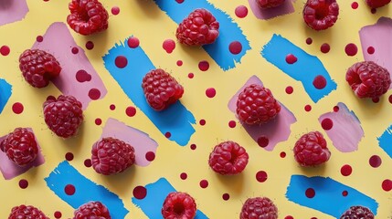 Top view of raspberries on a colorful backdrop