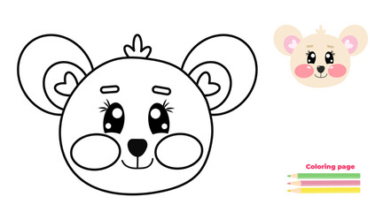 Cute outline mouse face, head. Coloring page illustration for kids. Kawaii mouse animal in line drawing