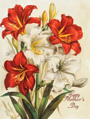 Happy Mothers Day greeting card with lily flowers. 
