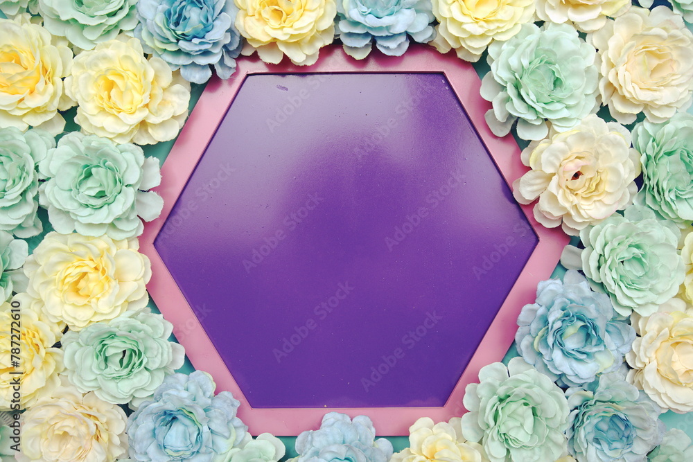 Sticker Purple Hexagon background and pink border decorate with flowers on blue background