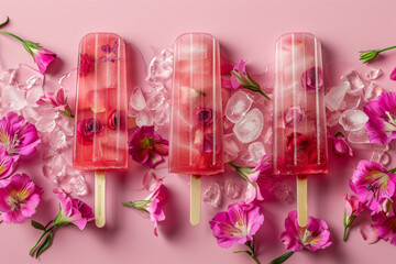 photo of series popsicles with ice and flowers on pink background, flat lay