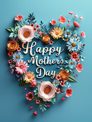 Mother's day greeting card with floral heart on blue background. 