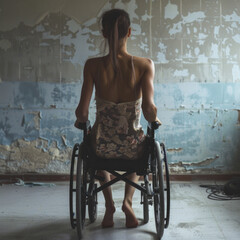 A woman in a wheelchair is sitting in a room with a blue wall - obrazy, fototapety, plakaty