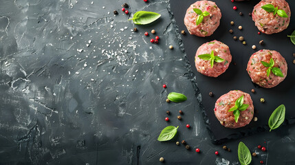 Raw Caul Fat Meatballs burger cutlets fresh meat Gray background Top view Copy space : Generative AI - obrazy, fototapety, plakaty
