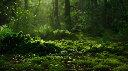 Green moss and background Backdrop for displaying products Dark forest background : Generative AI - obrazy, fototapety, plakaty