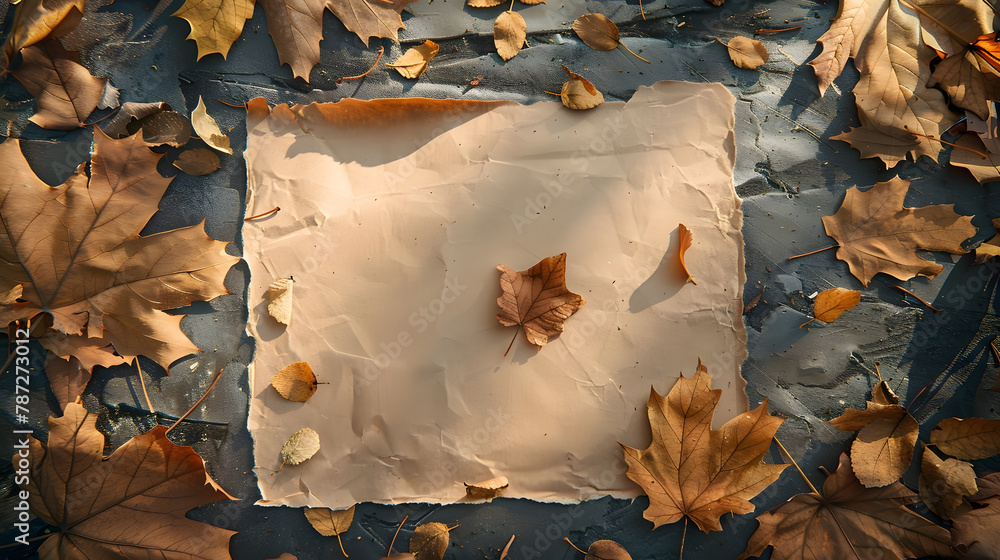 Poster Autumn composition with paper blank and dried leaves on table Flat lay top view copy space : Generative AI