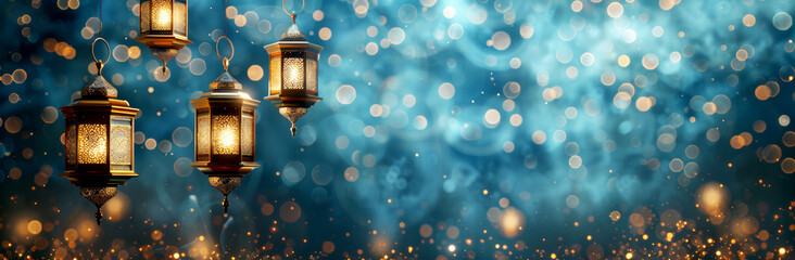 ramadan background, with ample copy space for text and graphics, hd, blue theme, golden lanterns, elegant style