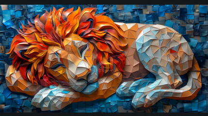 A lion is sleeping in a painting