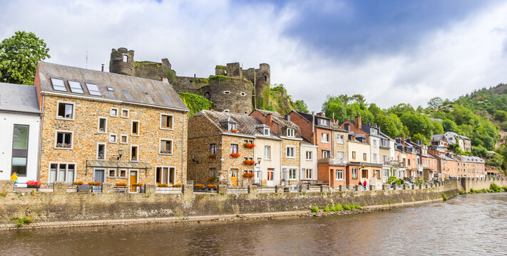 Panorama of the historic castle on the hill above the river in La Roche-en-Ardenne, Belgium