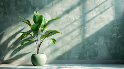 Realistic photograph of an elegant plant in a green pot, placed on the floor against a light gray wall with sun rays creating soft shadows