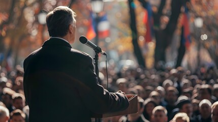 Charismatic Politician Delivering Impassioned Speech to Captivated Crowd at Political Rally - obrazy, fototapety, plakaty