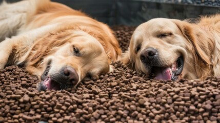 Funny front view of two golden retriever dogs are sleeping and relaxed on a pile of dog food after eating too much
