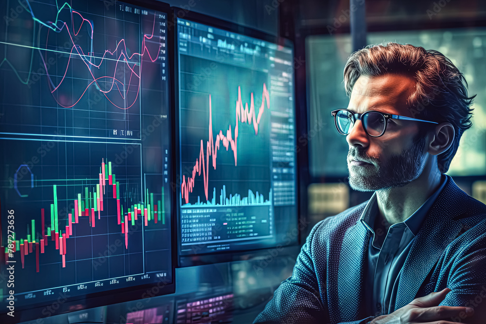 Poster a man is looking at a computer screen with multiple graphs and charts.