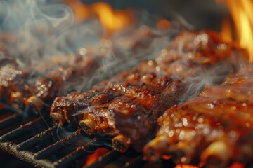 Beef short ribs on the grill close up of meat with smoke. Generate AI image