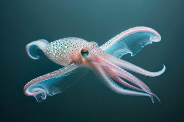 Fototapeta premium A translucent squid, adorned with glowing orange spots, hovers in the darkness of the ocean, tentacles trailing like celestial streams.