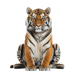Majestic Tiger Seated Against White Background - obrazy, fototapety, plakaty