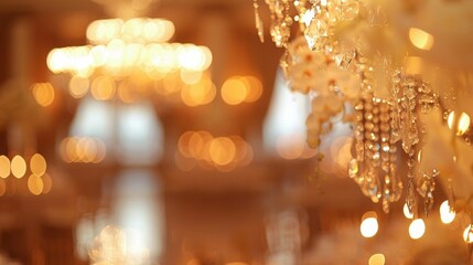 Hazy Elegance The grandeur of a grand ballroom transformed into a fairy tale wedding venue is captured in this defocused image with shimmering chandeliers and cascading dries adding .