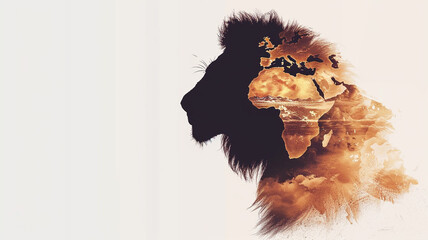 A double exposure of the silhouette outline map shape and head profile portrait of an African Lion - obrazy, fototapety, plakaty
